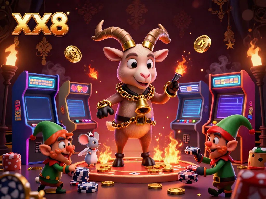 Experience the thrill of XX8's casino with a Krampus goat managing chaos, while gremlins steal chips in this colorful 3D illustration.