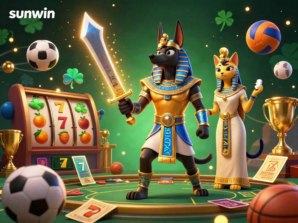 Experience vibrant casino action in sunwin with Anubis and Bastet amidst dynamic slot gaming.