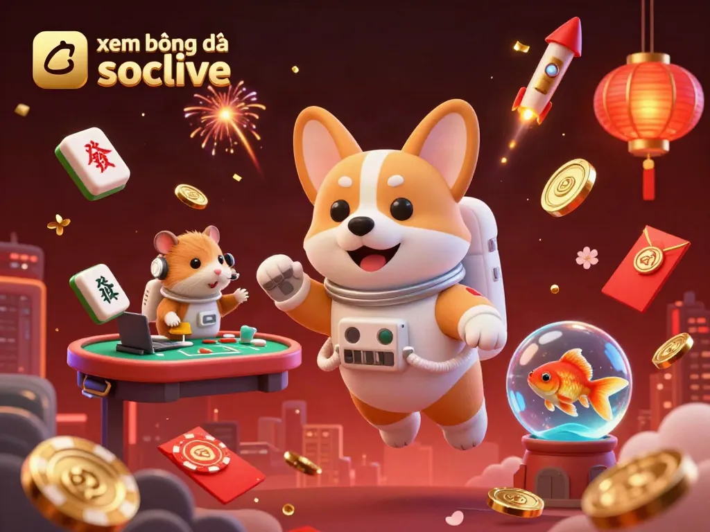 Experience xem bóng đá socolive with a vibrant space-themed casino illustration featuring a corgi, hamster, and goldfish.