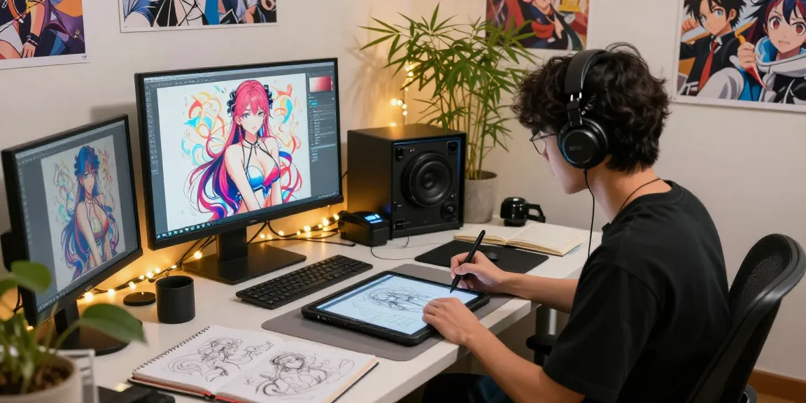 Artist creating ai hentai artwork in vibrant creative studio filled with anime character designs.