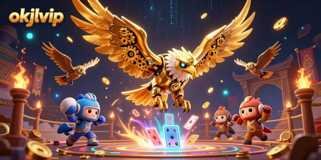 Engage in thrilling play with okjlvip as the golden eagle navigates holographic cards.