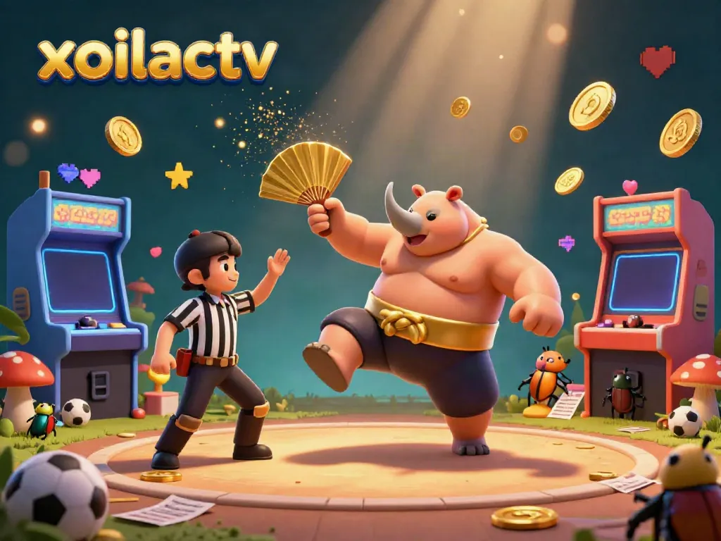 A dynamic sports betting scene featuring a rhinoceros beetle champion in action and "xoilactv" branding, surrounded by casino elements.