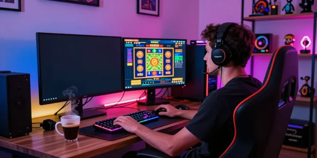 Player enjoying a thrilling ggsoft slot game in a vibrant gaming setup with accessories.