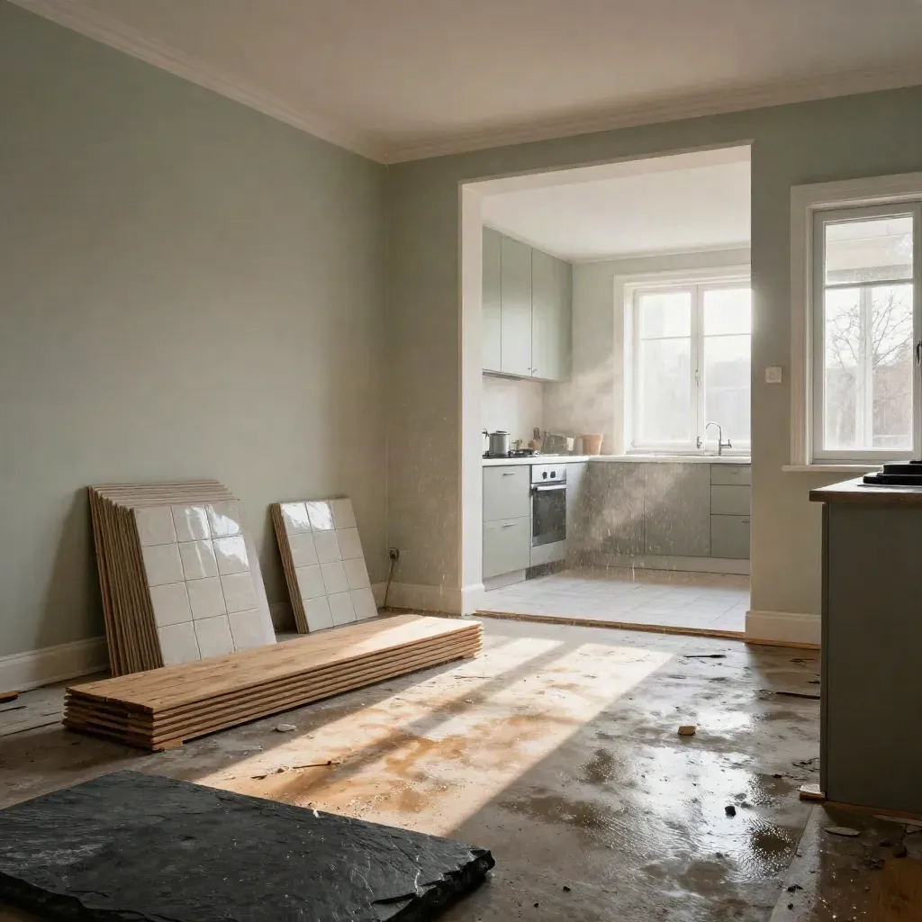 Renoverat townhouse med trä, kakel och ljus morgon efter regn.