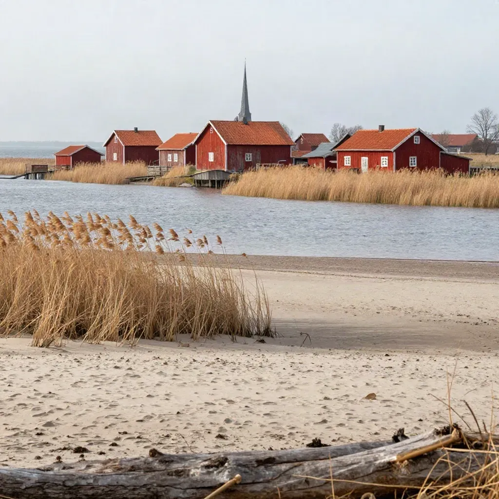 Mälarens strand med röda lador, vass och kyrktorn i mjuk kvällsdimma.