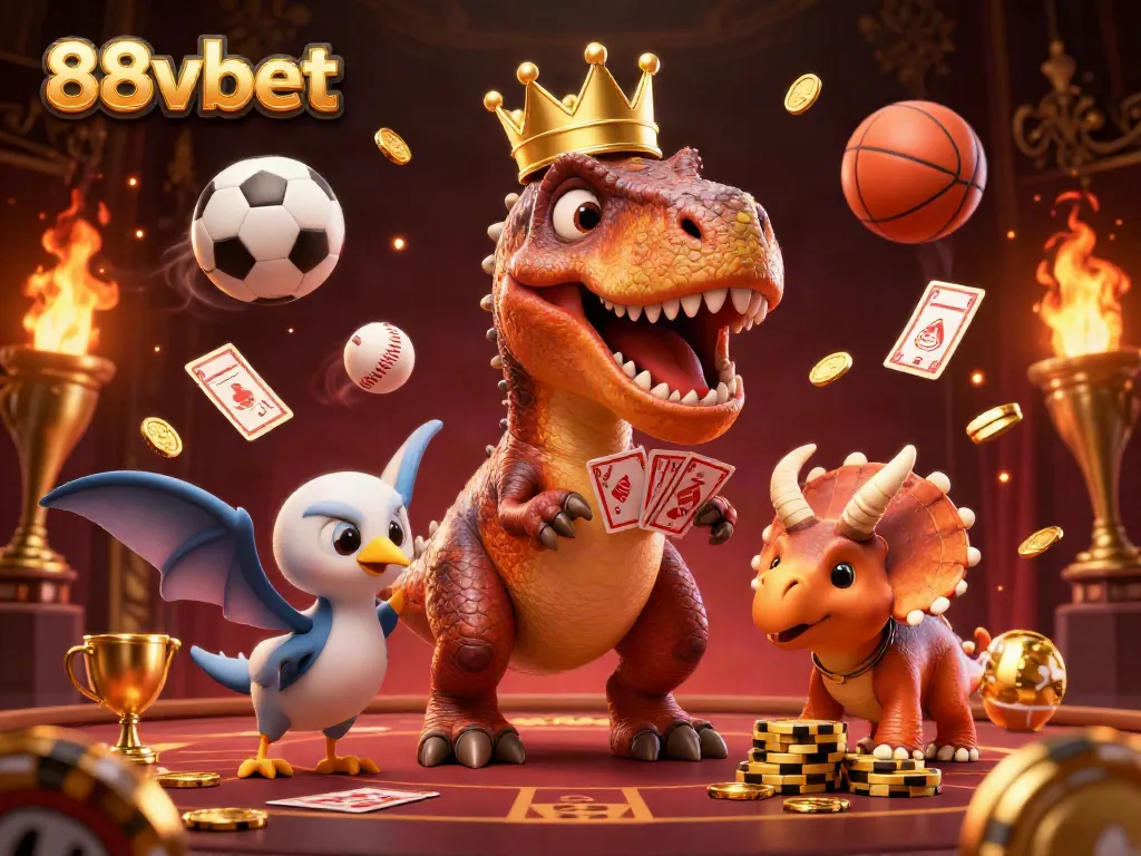 Experience the 88vbet thrill as T-Rex and friends shuffle cards in a dynamic casino scene.