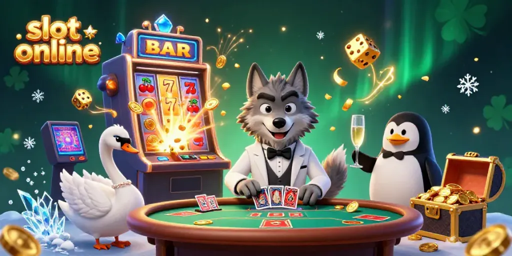Join the slot online excitement as the debonair wolf, elegant swan, and sophisticated penguin celebrate big wins!