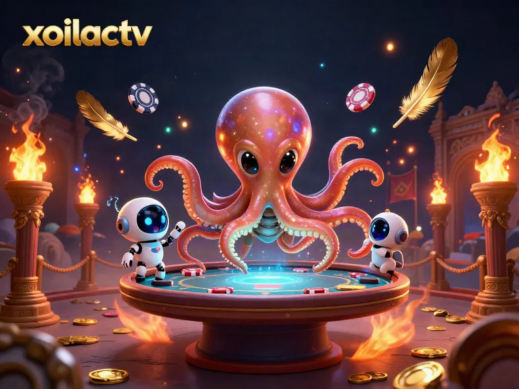 Experience thrilling gameplay with xoilactv's vibrant alien octopus and poker table in a cosmic casino.