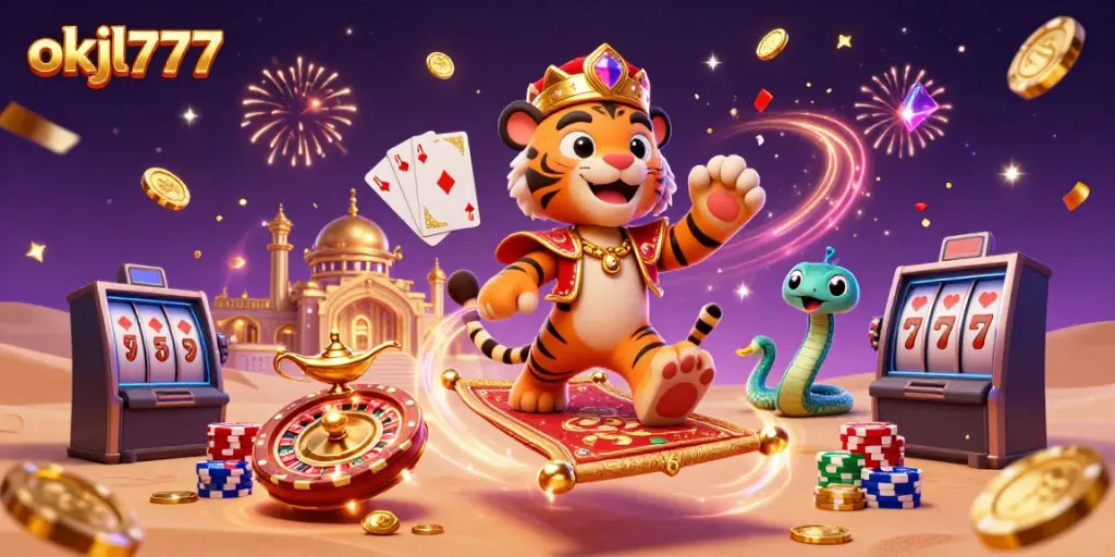 Experience the magic of okjl777 with a vibrant casino-themed scene featuring Arabian Nights characters.