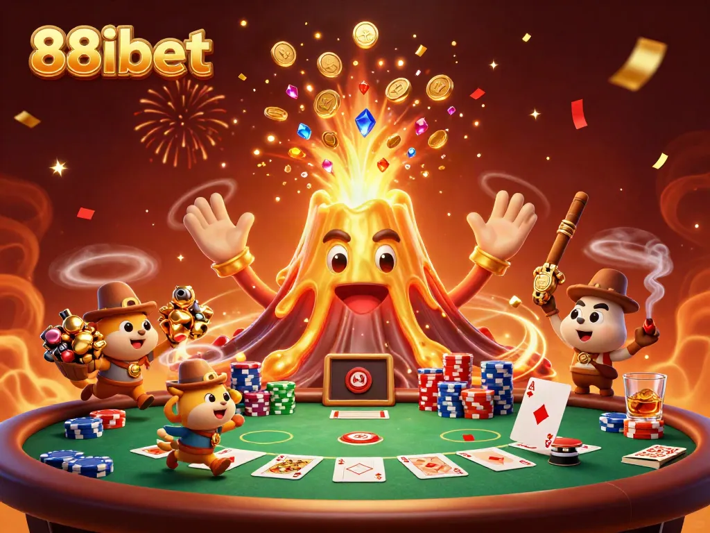 Win big with 88ibet as treasures erupt from a magical volcano amidst a vibrant casino scene.