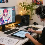Artist creating ai hentai artwork in vibrant creative studio filled with anime character designs.