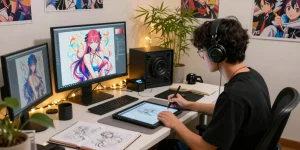 Artist creating ai hentai artwork in vibrant creative studio filled with anime character designs.