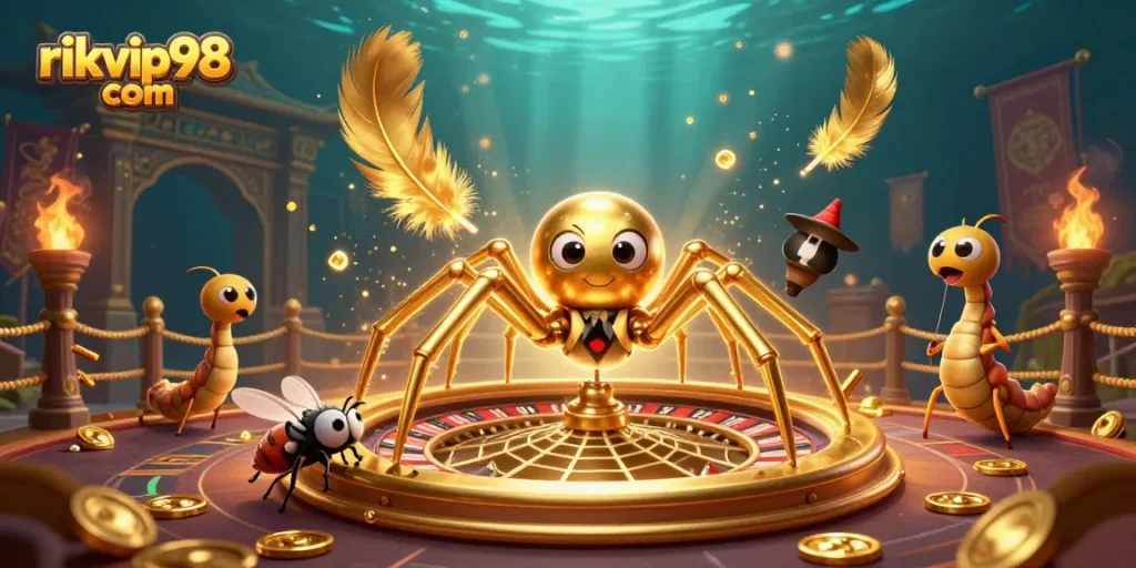 Engage in thrilling play at rikvip98 com with a golden spider spinning a roulette web and animated casino action.