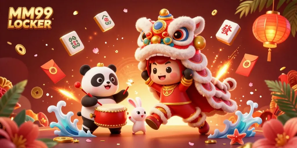 Experience the excitement of MM99 LOCKER with a lively illustration of gambling-themed characters dancing and celebrating.