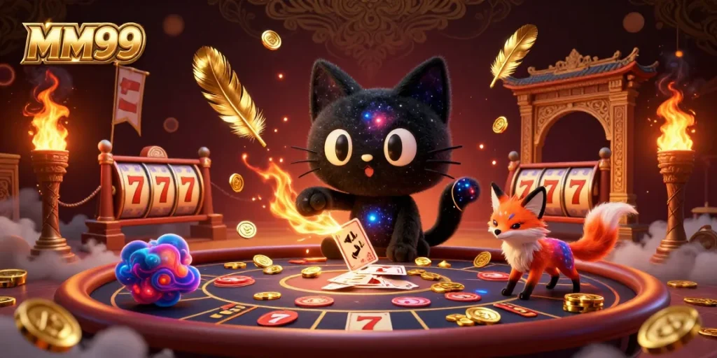 Immerse in MM99’s cosmic casino adventure with a magical black hole cat and vibrant nebula fox.